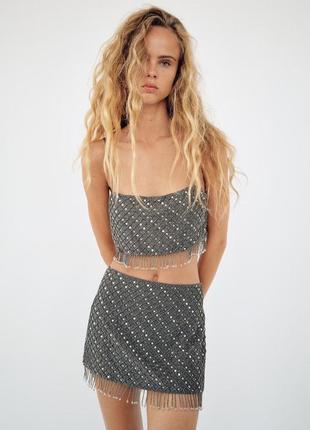Мини юбка с декоративными бусинами и пайетками новая коллекция zara