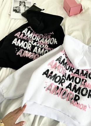 Теплые худи кофта свитшот из трехнитки на флисе с надписью amor
