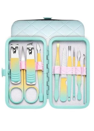 Портативний набір для манікюру/педикюру на 10 предметів м'ятно-жовтий у м'якому кейсі.o+
