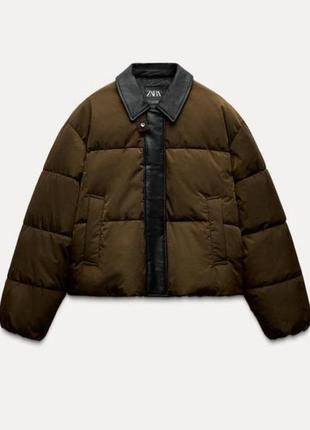 Куртка с кожаным воротником модная куртка короткая  дутик хаки коричневая тренд  zara