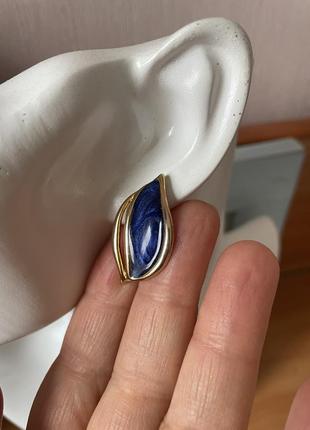 Винтажные серьги клипсы синие золотистые листочки американский винтаж