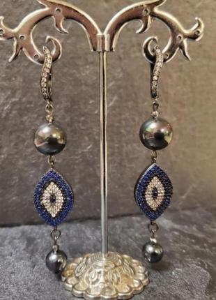 Авторские серьги с черными жемчугами майорика и кристаллами swarovski