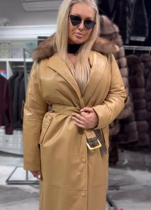 Зимнее пальто кожа с мехом куница