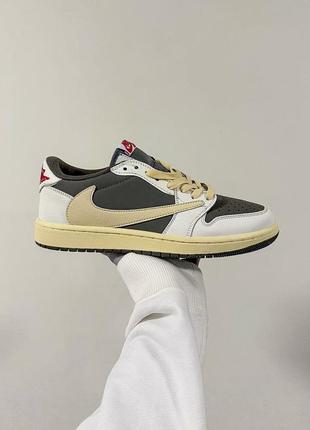 Стильні жіночі та чоловічі кросівки nike air jordan 1 retro low og sp travis scott reverse mocha білі коричневі