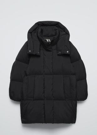 Довгий пуховик zara чорний із натуральним пухом 13-14 р/164 см