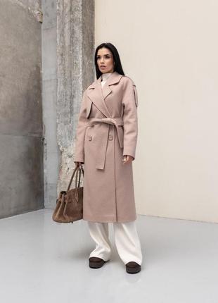 Пальто женское полушерсть двубортное с поясом весна осень цвет латте