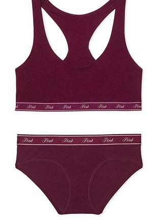 Комплект белья хлопок топ+трусики хипхагер бордо victoriassecret серия pink