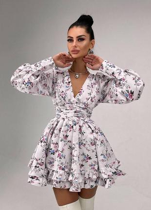Принтованное цветочное платье мини с драпировкой на талии и открытой спинкой, платье мини с цветочным принтом, p