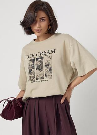 Хлопковая футболка свободного кроя с надписью ice cream
