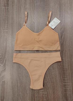 Рифленый комплект топ и трусы танга, размер 42/44