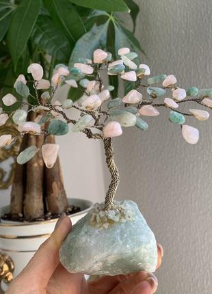 Дерево, бонсай из зеленого агата, розового кварца ′эдем′