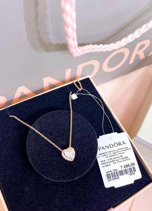 Пандора pandora оригинальная бирка серебряное колье ожерелье кулон подвеска цепь сердце прозрачное белое камушек розовое золото серебро s925 ale новое