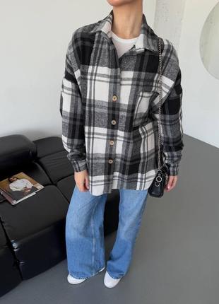 Кашемировая теплая рубашка в клетку рубашка с длинным рукавом черная с белым