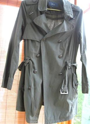 Плащ с 10 зеленый оливковый, хлопок, летний, пуговицы серебристый металл, пояс, peacocks