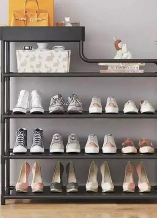 Полка для обуви стеллаж shoe rack 5 ярусов металлическая, органайзер для хранения обуви. цвет: черный