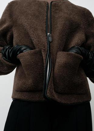 Трендовый жакет, куртка из искусственной шерсти с кожаной окантовкой, zara эксклюзив!