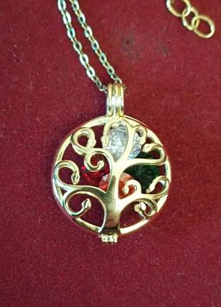 Серебряный с позолотой локет кулон дерево семейства с разноцветными камушками, на цепочке, чокер, италия