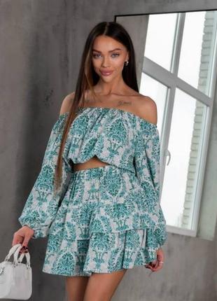 Костюм жіночий з принтом топ на довгий рукав спідниця коротка вільного крою на високій посадці якісний бірюзовий