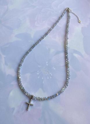 Серебряные бусы-чокер - оберег из натурального лабрадорита с подвесом «мистика»