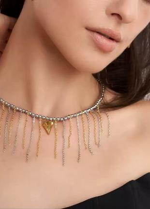 Украшение ожерелье с цепочками-подвесками и сердечками