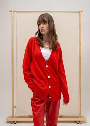 Винтажный красный кардиган 100% шерсть