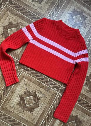Prettylittlething xs кроп топ кроптоп светр свитер  вкорочений красний червоний в полоску укороченный