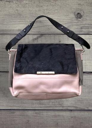Сумка багет натуральная кожа с мехом из натуральной кожи пудровая