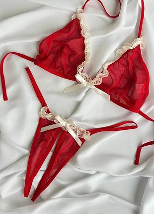 Спокусливий комплект спідньої білизни до дня закоханих червоний. трусики з відкритим доступом