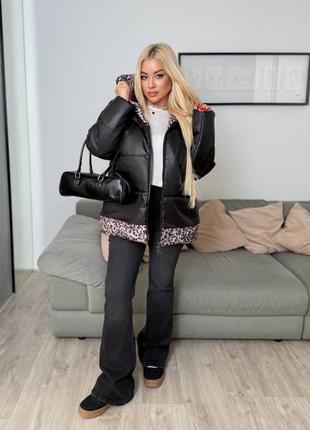 Дута стьобана куртка на блискавці з принтом леопарда з капюшоном з кишенями