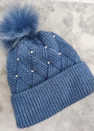 Шапка женская вязаная шапка синего цвета