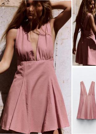 Короткое льняное платье на завязках zara s