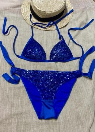 Calzedonia шикарный синий раздельный купальник крутого бренда на завязках с пайетками