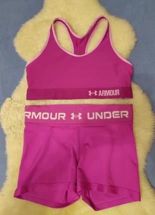Сиреневый фиолетовый спортивный комплект топ и шорты under armor, s, m размер
