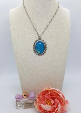 🔺⛓️🩵 кулон на ланцюжку в стилі вiнтаж вставка натуральний блакитний агат6 фото