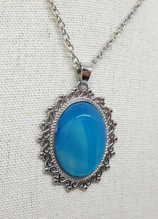🔺⛓️🩵 кулон на ланцюжку в стилі вiнтаж вставка натуральний блакитний агат7 фото