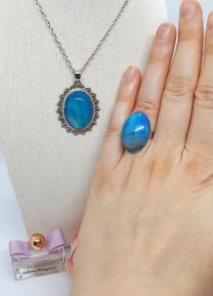 🔺⛓️🩵 кулон на ланцюжку в стилі вiнтаж вставка натуральний блакитний агат8 фото