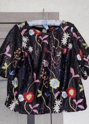 Шикарная чёрная вышитая блуза в паетках, короткий рукав, круглая горловина river island (размер 12)