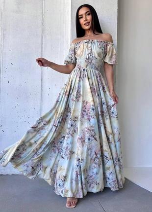 Платье женское платье макси со спущенными плечами летнее с цветами