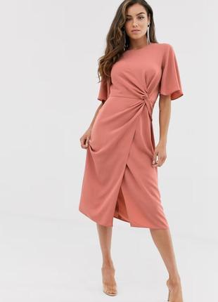 Сукня міді з рукавами-крильцями та зав'язками спереду asos design теракотового кольору