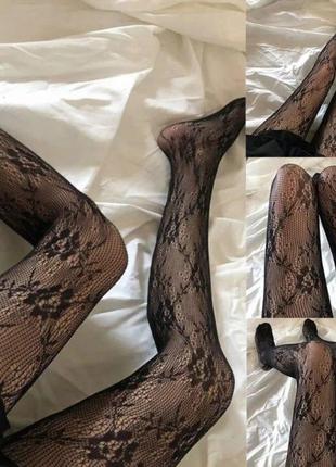 Колготки з квітами ажурні колготи чорні і білі