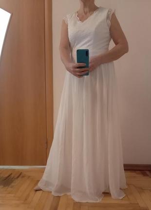 Восхитительное белое платье в пол комбинированное гипюром, размер 14