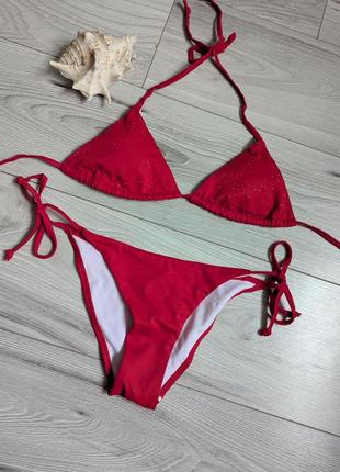 Купальник красный со стразиками, купальник на завязках, купальник треугольники
