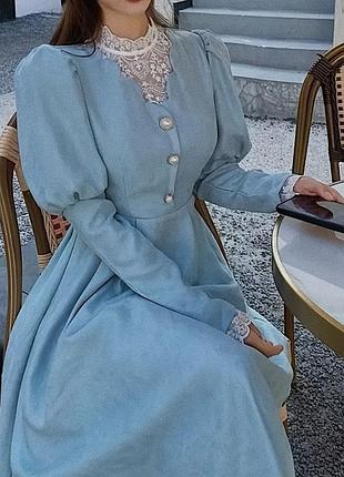 Небесно голуба сукня з мереживом в французькому стилі, рукава ліхтарики