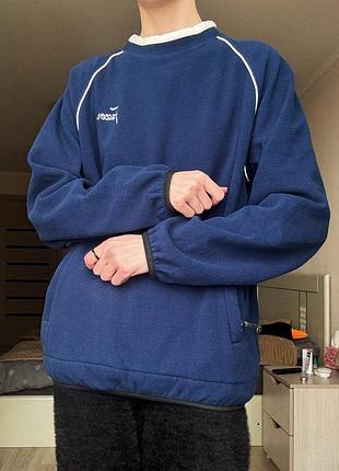 Флисовый теплый свитшот синий с карманами удлиненный оверсайз