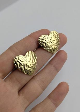Золотистые серьги текстурное сердце гвоздики пусеты из нержавеющей стали шарики позолота