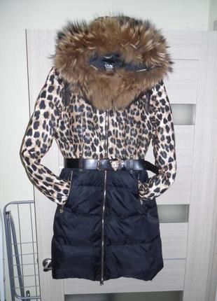 Куртка длинная пуховик с мехом енота опушка натуральная леопардовый с ремнём пальто зимнее