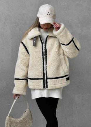 Трендова жіноча дублянка вільного крою 😻 модель з акцентними шкіряними вставками💕