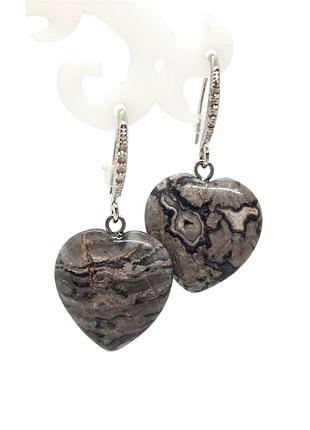🩶✨чудові сережки з підвісками "серця" натуральний камінь сіра яшма