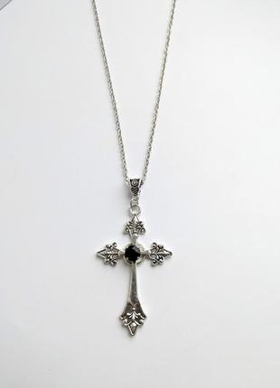 Цепочка с крестиком большая подвеска кулон крест с черным камнем цепочка под серебро готический