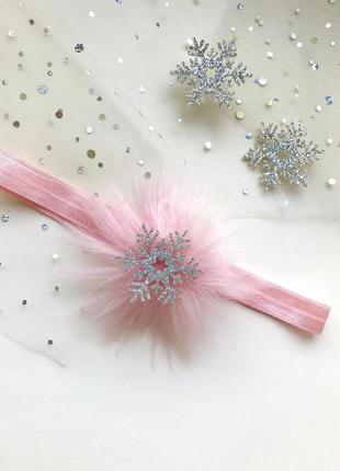 Повязка розовая новогодняя со снежинкой на новый год1 фото